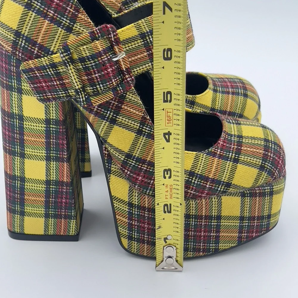 Bamboo Yellow Plaid Platform Mary Jane Heels Chunky Block Shoes Women's 5.5